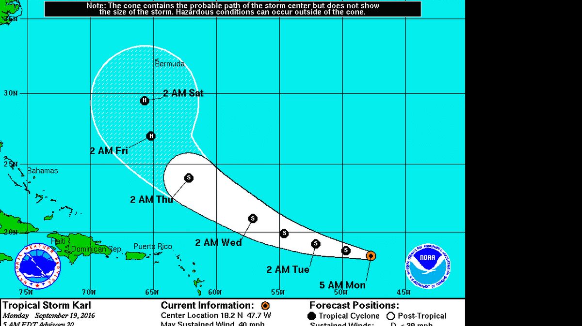 El pronóstico del tormenta tropical Karl a las 5 a.m. del lunes 19 de septiembre de 2016. 