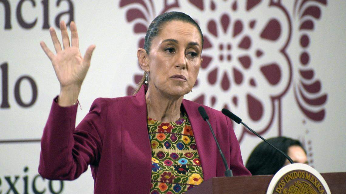 La presidenta de México, Claudia Sheinbaum, participa en una conferencia de prensa para anunciar los resultados de la lucha contra la violencia, el martes 12 de agosto de 2025, en Ciudad de México.