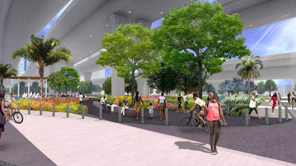 Representación de un sendero peatonal en Underdeck, un parque de Miami planificado en terrenos estatales bajo la I-395, que se está elevando como parte del proyecto “Signature Bridge” de Florida. Underdeck recibió una subvención de $60 millones de la administración Biden, que posteriormente fue cancelada por la administración Trump.
