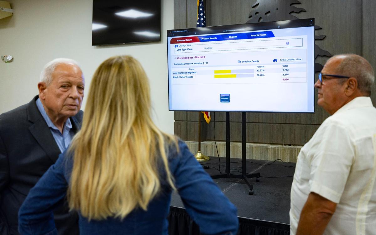 Tomás Regalado, tasador de propiedades, izquierda, y Raquel Regalado, comisionada del condado, centro, observan los resultados de la reacción durante la fiesta de José Regalado que muestra que parece estar perdiendo para una elección especial para reemplazar al fallecido comisionado Manolo Reyes el martes 3 de junio de 2025 en la iglesia de Nuestra Señora del Líbano en Miami. Fla.