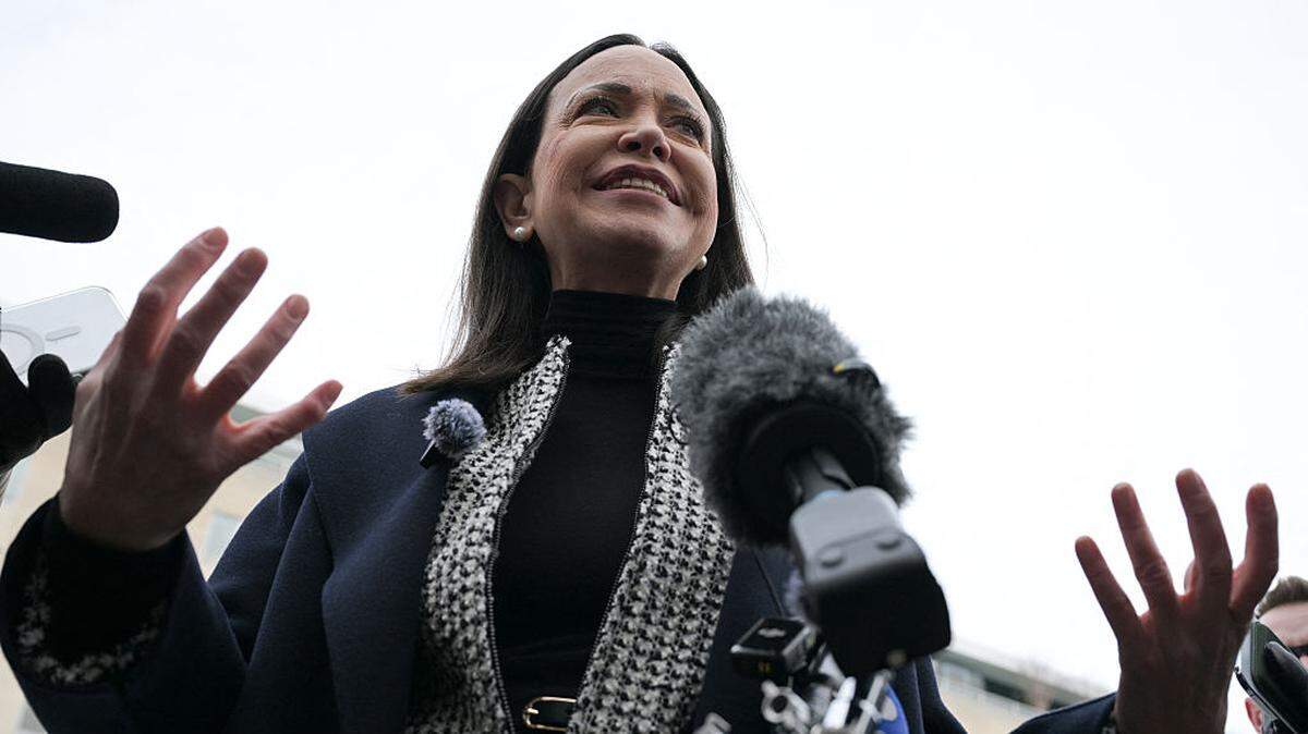 Venezuelan opposition leader Maria Corina Machado speaks to the press after meeting with US Secretary of State Marco Rubio at the US Department of State in Washington, DC, on Jan. 28, 2026..