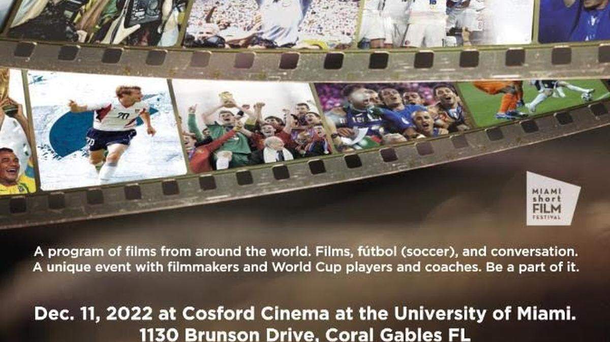 Cartel del Evento  “Film, Fútbol, Forum - Evento sobre el Teatro Mundialista” en el Cosford Cinema, de la Universidad de Miami. 