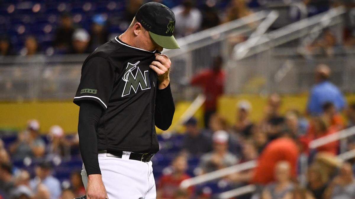MIAMI, FL - MAY 26:  Brad Ziegler #29 of the Miami Marlins leaves the mound during the game during the ninth inning against the Washington Nationals at Marlins Park on May 26, 2018 in Miami, Florida. (Photo by Mark Brown/Getty Images)