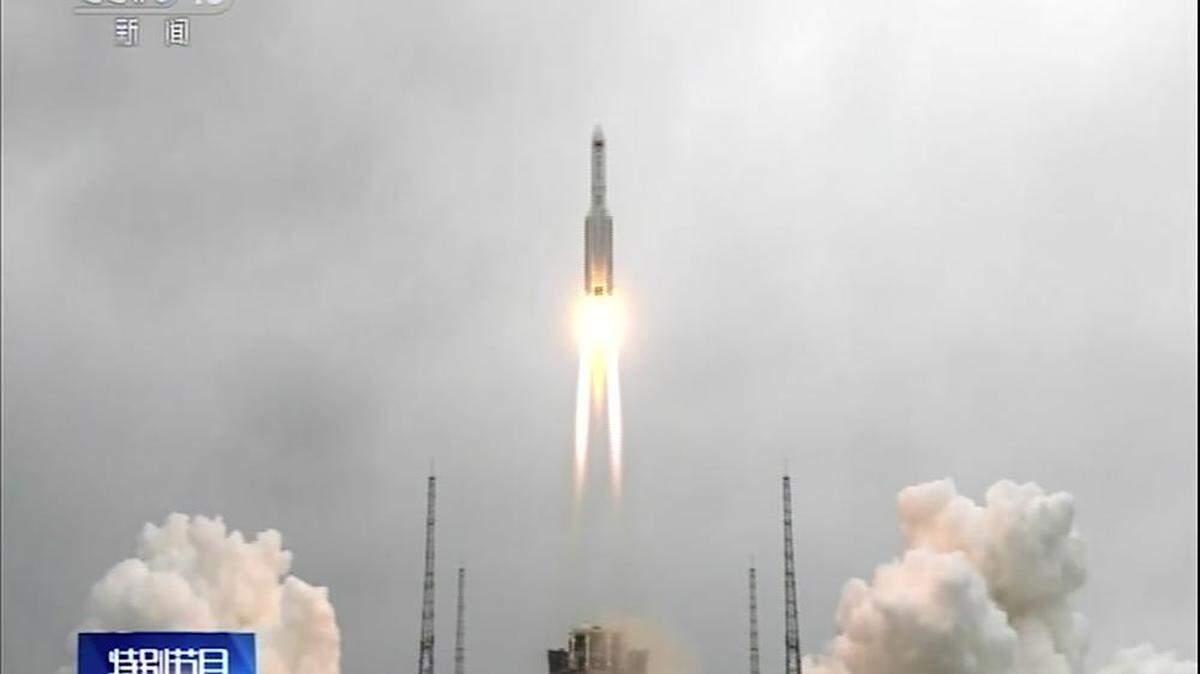 In this image taken from video broadcast by China’s CCTV via AP Video, a Long March 5B rocket carrying a module for a Chinese space station takes off from the Wenchang spacecraft launch site in Wenchang, Hainan province. in southern China on Thursday, April 29, 2021.