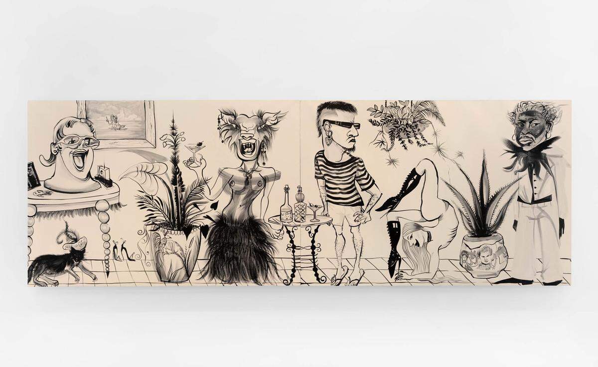 Formado como diseñador de moda, el pintor puertorriqueño nacido en Cuba, Dalton Gata, crea narrativas complejas que exploran la cultura queer y popular, símbolos psicológicos y míticos, y dan vida a su propia experiencia de inmigración y la diáspora cubana y caribeña.⁣