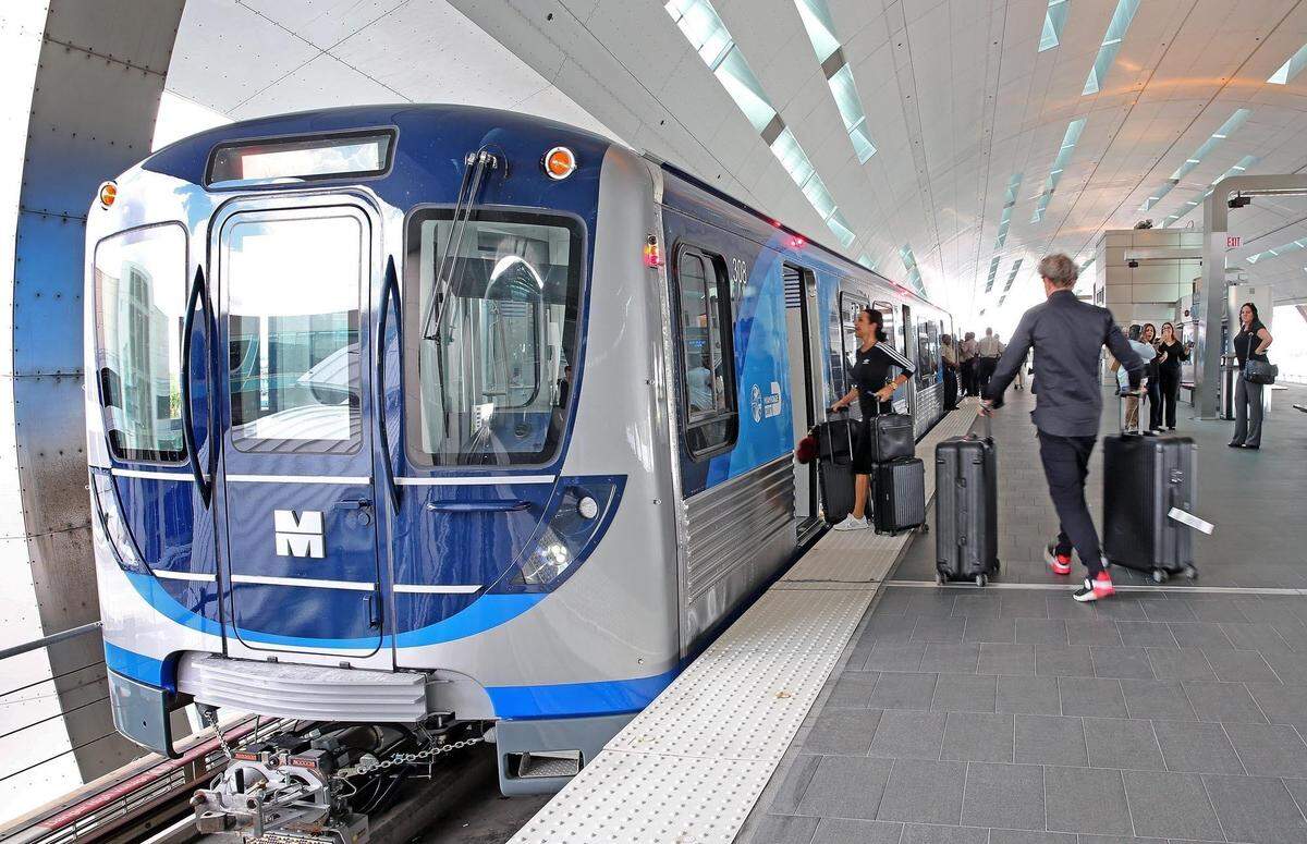 A Metrorail car at Miami International Airport, home to the one new rail station funded by a half-percent sales tax approved by Miami-Dade voters in 2002 to expand transit.