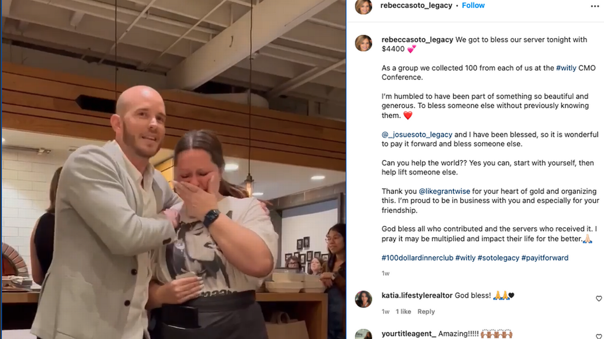 Una camarera de un restaurante de Arkansas aparece en la foto cuando recibe una propina de $4,400 de un “club de cena de $100”.
