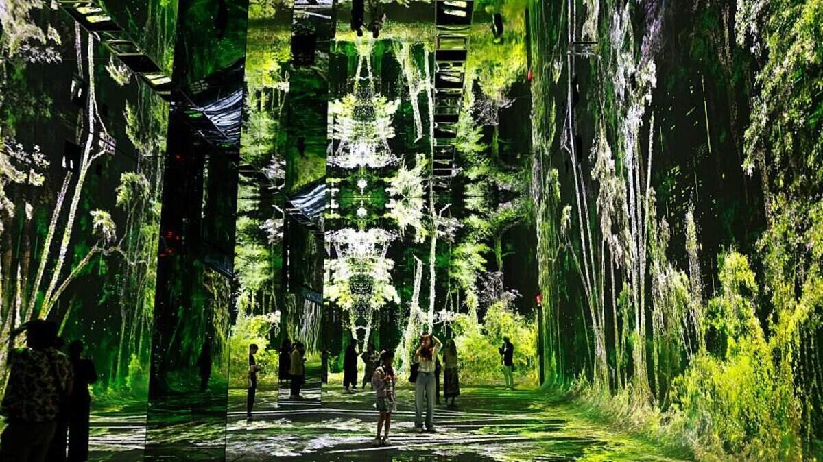 Visitantes recorren Dataland, el “primer museo de arte de IA del mundo”, durante una presentación para la prensa previa a su inauguración el 20 de junio de 2026 en Los Ángeles, California. Fundado por Refik Anadol y Efsun Erkilic, el museo de 25,000 pies cuadrados cuenta con cinco galerías inmersivas impulsadas por el “Large Nature Model”, un sistema de IA de acceso abierto alojado en un servidor de Google Cloud que funciona con un 87% de energía libre de carbono. La exposición inaugural de Dataland, “Machine Dreams: Rainforest” —inspirada en visitas a la selva amazónica—, emplea prácticas de obtención de datos basadas en la “IA ética” para sus conjuntos de datos medioambientales. El museo exhibe experiencias artísticas multisensoriales y evolutivas de 360 grados que incorporan 1,500 millones de píxeles, y se encuentra dentro del complejo Grand LA, diseñado por Frank Gehry.