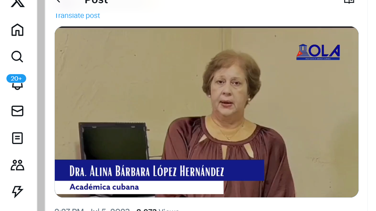 Imagen de video de la intelectual cubana Alina Bárbara López Hernández, tomada de la cuenta de X (antes Twitter) de Observatorio de Libertad Académica @OLAcademica. El video fue publicado el 5 de julio de 2023.