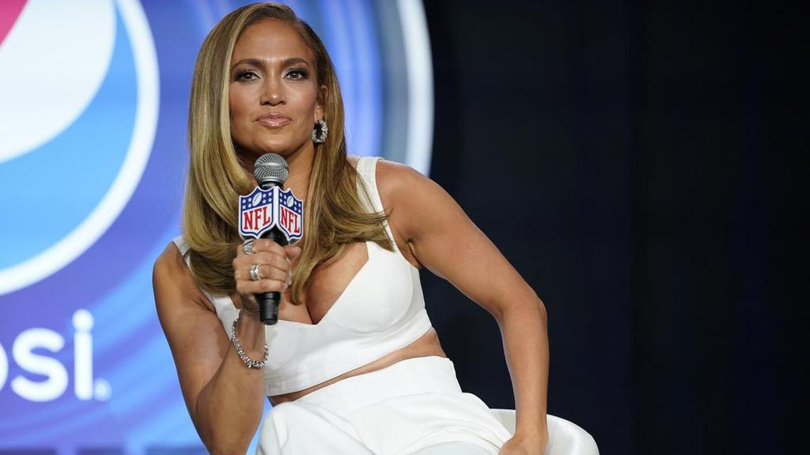 Jennifer Lopez at a Super Bowl press conference Jan 30 in Miami.