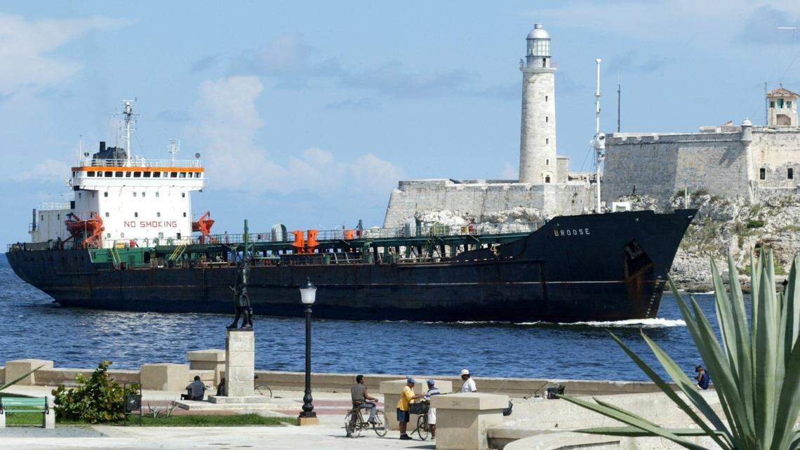 An oil tanker enters the Bay of Havana, Cuba.
