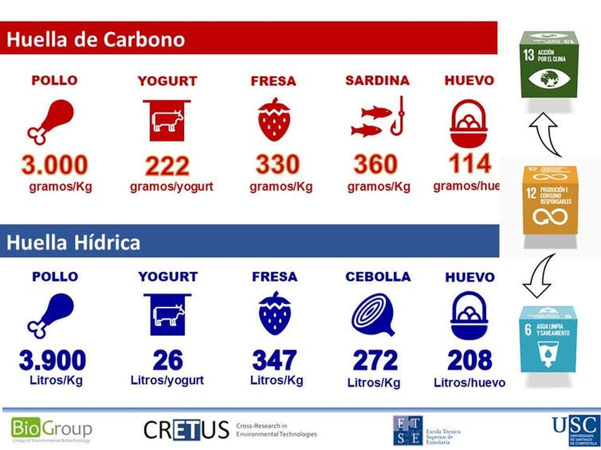 Figura 2. Huella de carbono y huella hídrica de algunos de los alimentos que forma parte del carro típico de compra español. Gumersindo Feijoo, Author provided