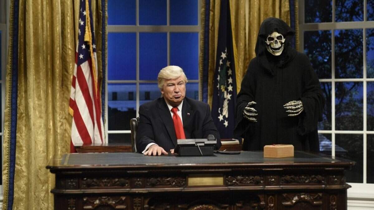 Alec Baldwin, left, plays President Donald Trump alongside “Steve Bannon” during the cold open of “Saturday Night Live” on Feb. 4. MUST CREDIT: Will Heath - NBC.