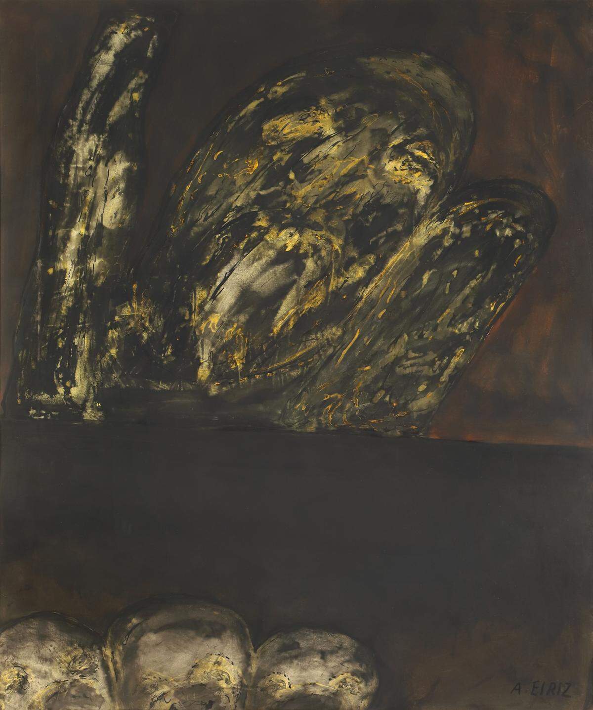 ‘Monsters’, 1985, tinta y acuarela sobre madera, 36 x 30 pulgadas.