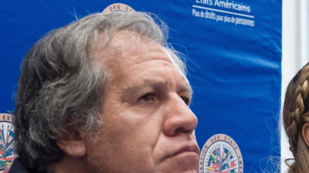 De izquierda a derecha: Luis Almagro, Secretario General de la Organización de Estados Americanos (OEA), Lilian Tintori y Oriana Goicoecher, esposas de presos políticos venezolanos, en una conferencia de prensa el 20 de marzo de 2017 en la sede de la OEA en Washington, DC. 