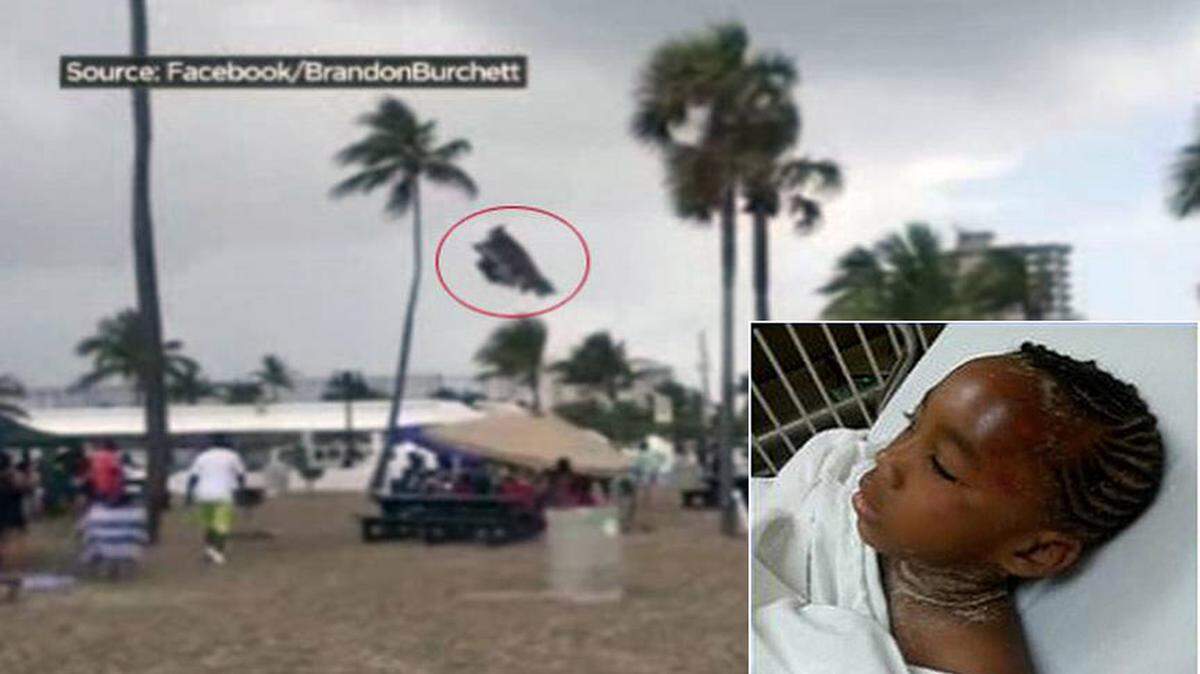 Los niños Shamoya Ferguson, de 6 años, AJ Dent, de 11, y Shadaja Bryant, de 5, estaban disfrutando en la playa durante el Día de la Recordación cuando una tromba marina salió del agua y levantó el castillo inflable donde estaban jugando, lanzándolo por los aires.