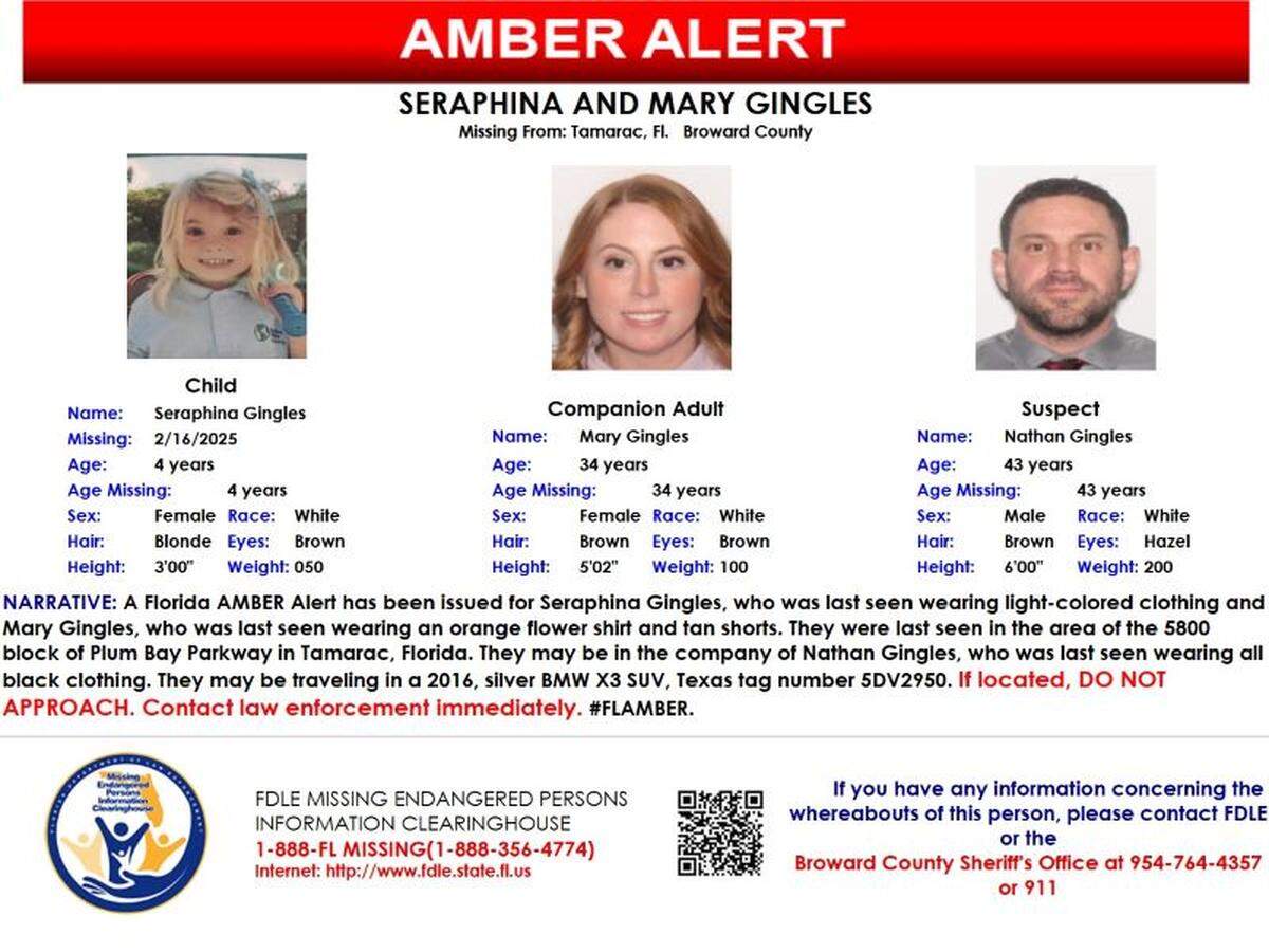 Se ha emitido una alerta Amber para Seraphina Gingles, una niña de 4 años, 3’0”, 50 lbs, cabello rubio y ojos marrones, vista por última vez en el área de la cuadra 5800 de Plum Bay Parkway en Tamarac, Broward.