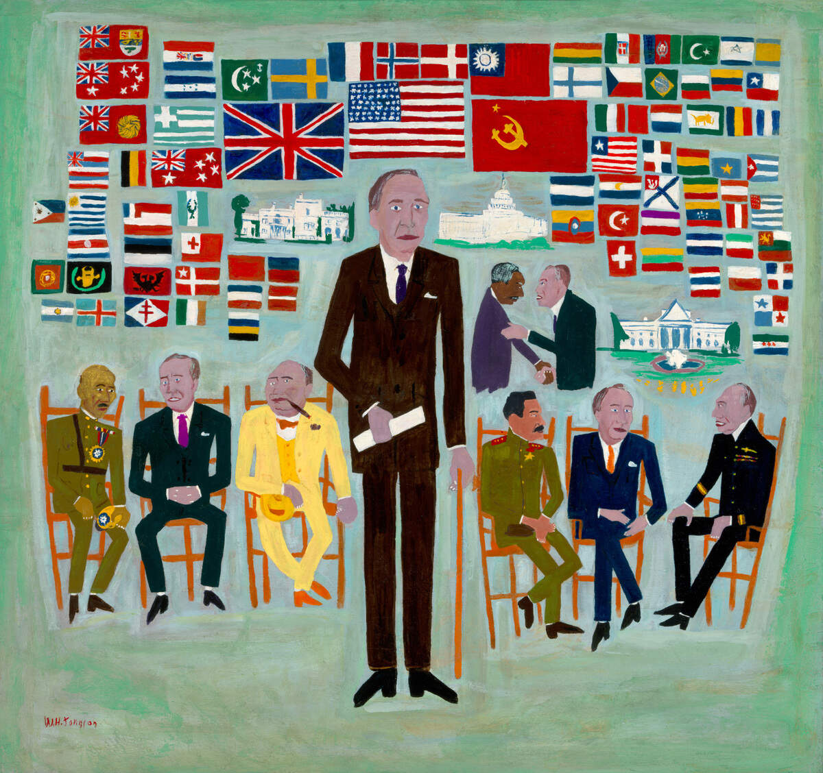 “FDR y la ONU” es una de las obras de William Johnson que se exhibirán en otoño de 2024 en el Museo de Arte Philip y Patricia Frost de la Universidad Internacional de Florida.