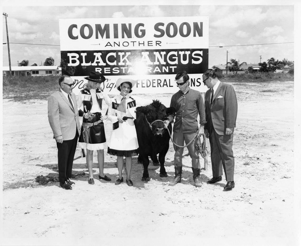 On September 14, 1965, partners Jack Silver, first left, and Herb Brodsky, first right, were planning the opening of a new Black Angus restaurant in the Palm Springs Mile shopping area at 885 West 49 Street.