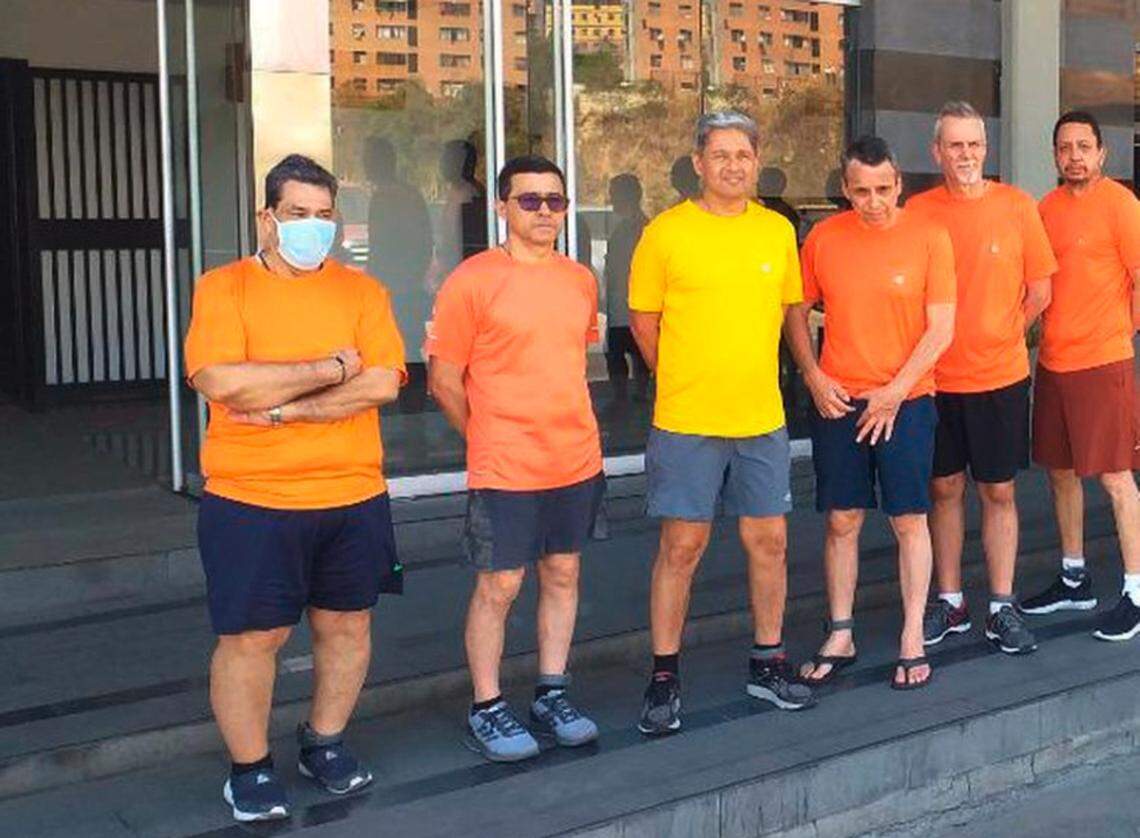 The Citigo 6, shown in a tweet from June 2020 (from left): José Ángel Pereira, Gustavo Cárdenas, Jorge Toledo, José Luis Zambrano, Tomeu Vadell and Alirio José Zambrano. The Citgo executives, now under house arrest, were standing outside the Bolivarian National Intelligence Service in Caracas, Venezuela.