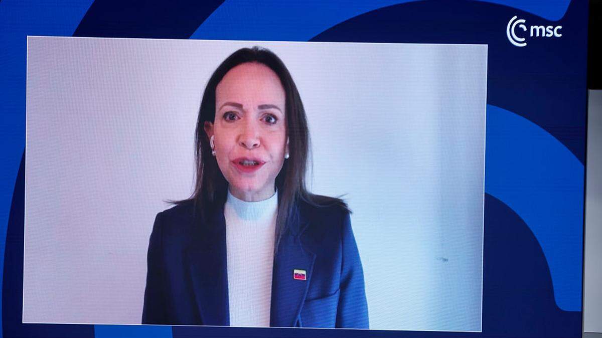 Nobel Peace Prize laureate María Corina Machado speaks about Venezuela at the 62nd Munich Security Conference on Feb. 14, 2026, in Germany.