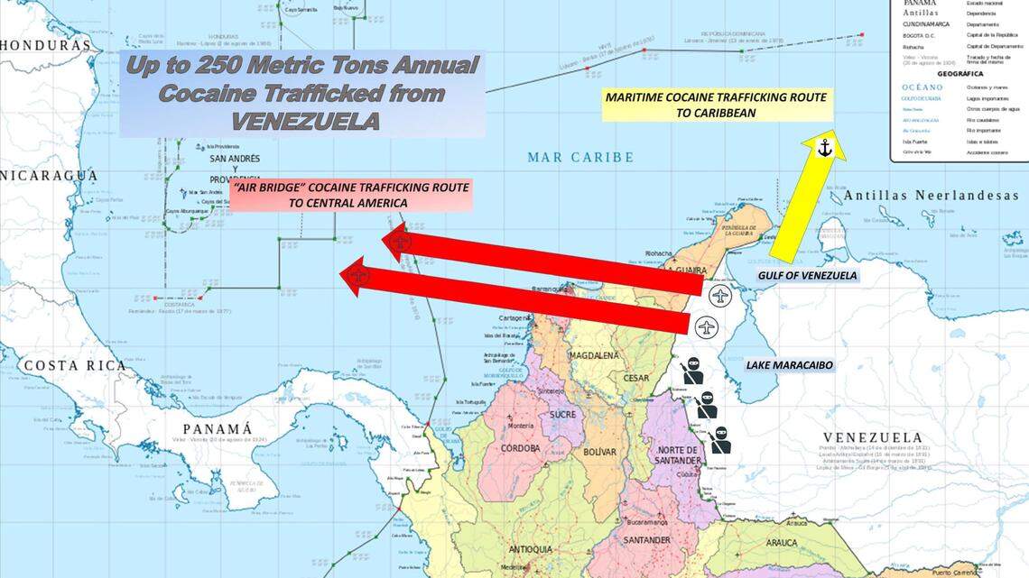 Estimates by U.S. Department of Justice say the annual volume of drugs passing through Venezuela by 2020 was around 220 tons.