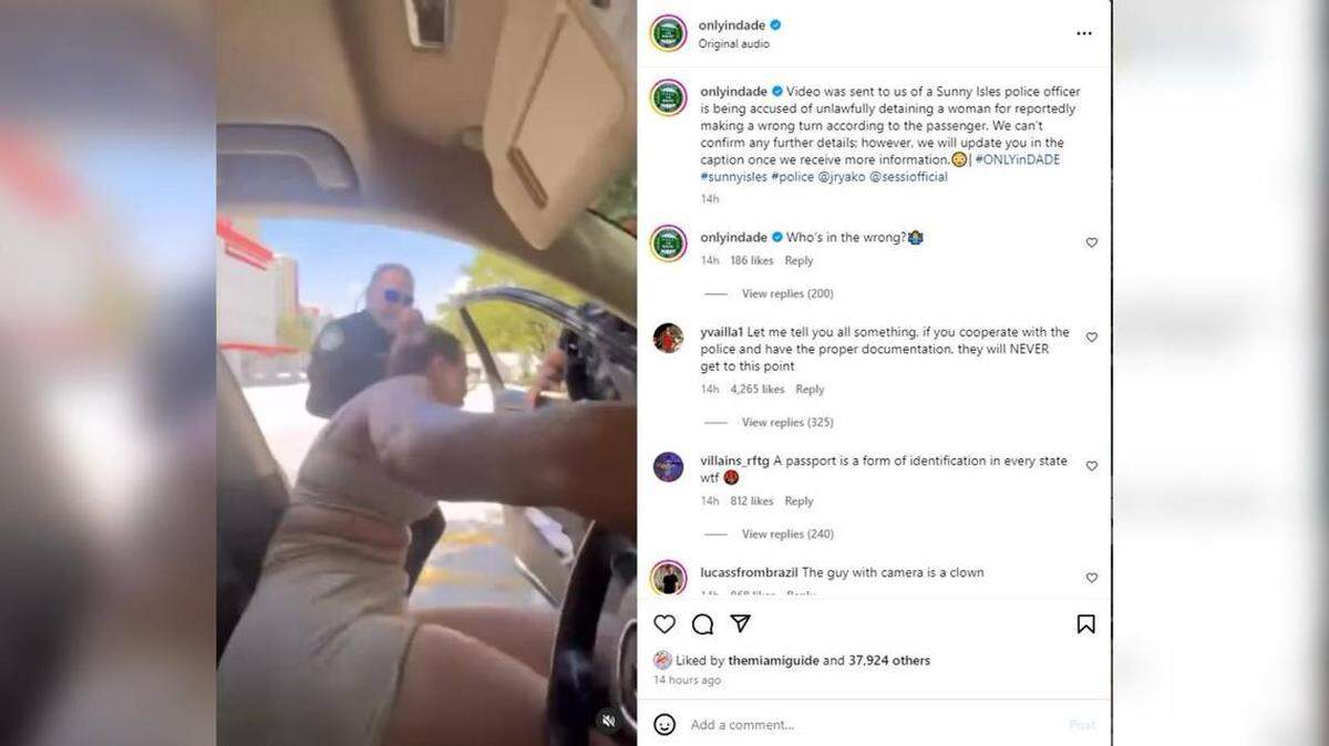 Imagen tomada de un video que muestra el momento en que un agente policial de Sunny Isles Beach, Florida, saca a la fuerza a una mujer de su auto.