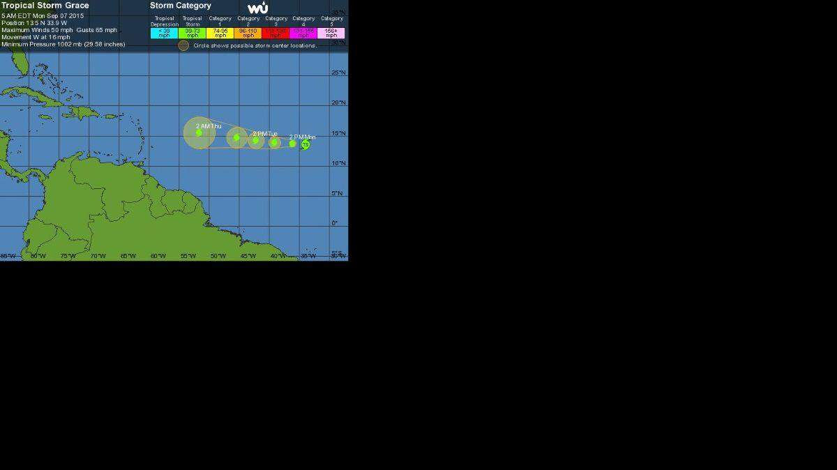 Grace mantiene vientos máximos sostenidos de 50 millas, con ráfagas más fuertes, y mantendrá la categoría de tormenta tropical hasta el próximo viernes.