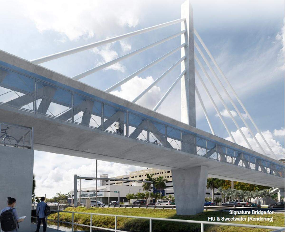 Representación del puente peatonal de la Universidad Internacional de la Florida. El puente tenía un diseño poco convencional y uno de sus elementos de soporte quizás no era lo suficientemente robusto, dicen ingenieros independientes.