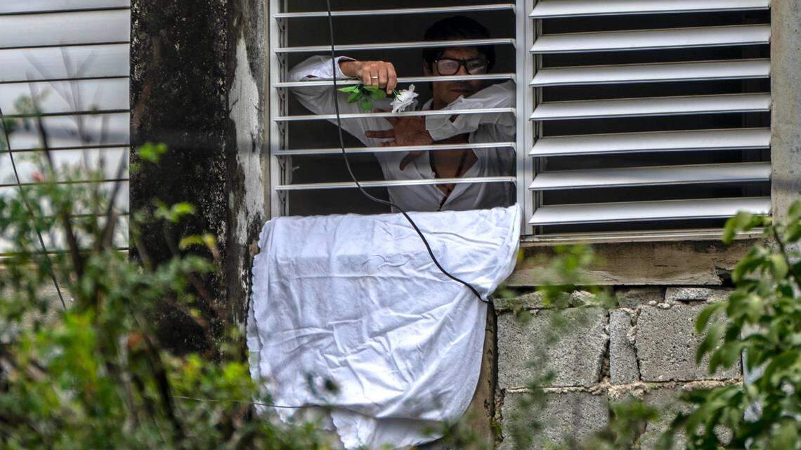 Opposition activist Yunior García Aguilera, playwright and one of the organizers of a protest march, stands in a window of his house with a white flower, in Havana, Cuba, on Sunday, November 14, 2021. RAMON ESPINOSA AP