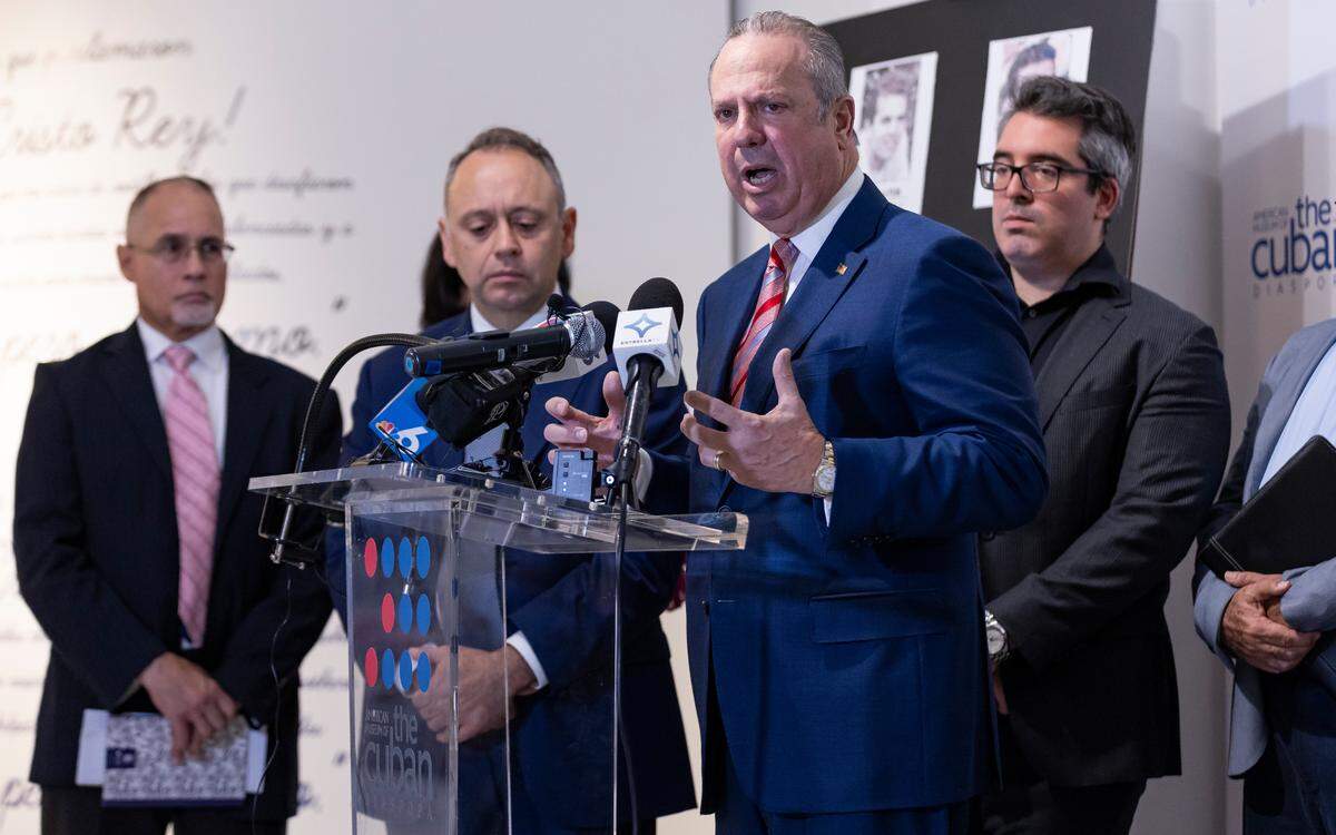 Attorney Nelson A. Rodriguez-Varela speaks during a press conference at the American Museum of the Cuban Diaspora on Tuesday, Sept. 24, 2024, in Miami, Fla. Members of the Florida Bar called on local and state authorities to indict retired Cuban colonel Luis Raúl González-Pardo, who is residing in the United States, for his alleged role in the 1996 shoot-down of two civilian planes over the Florida Straits that killed four Miamians.