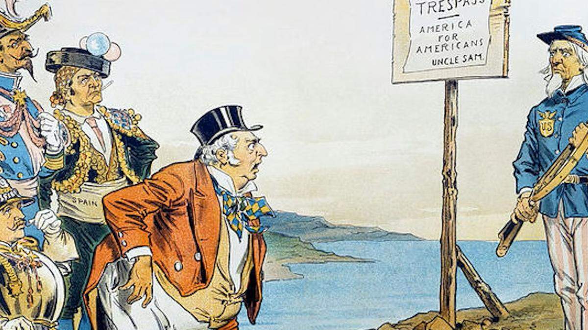 Ilustración satírica de 1896 donde se ve al Tío Sam interponiéndose entre las potencias europeas y unos personajes que representan a Nicaragua y Venezuela. 