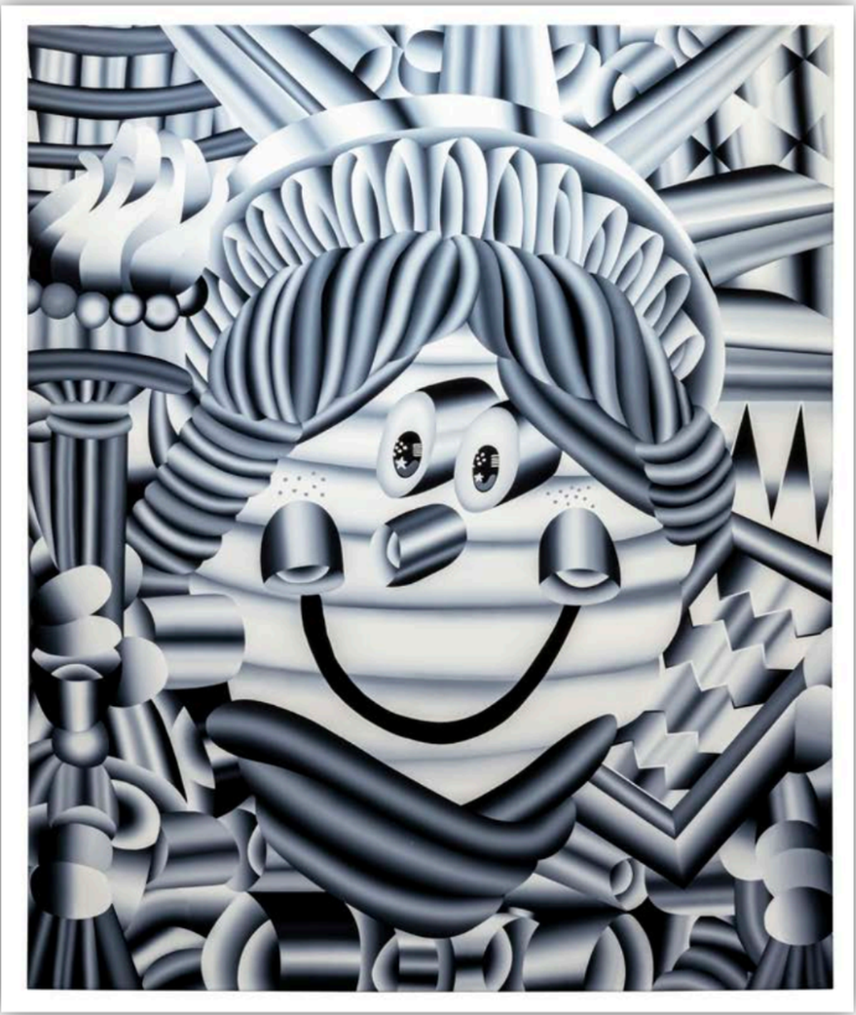 “Mrs. Liberty”, 2023, de Geoffrey Bouillot. Acrílico sobre lienzo. 63,7 x 51 pulgadas. Ascaso Gallery.