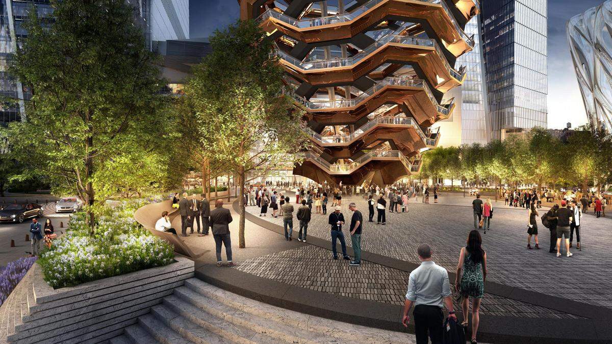 Zona de la plaza destinada a eventos especiales. En el centro de la plaza se asienta una espectacular estructura destinada a ser un punto focal de Hudson Yards.