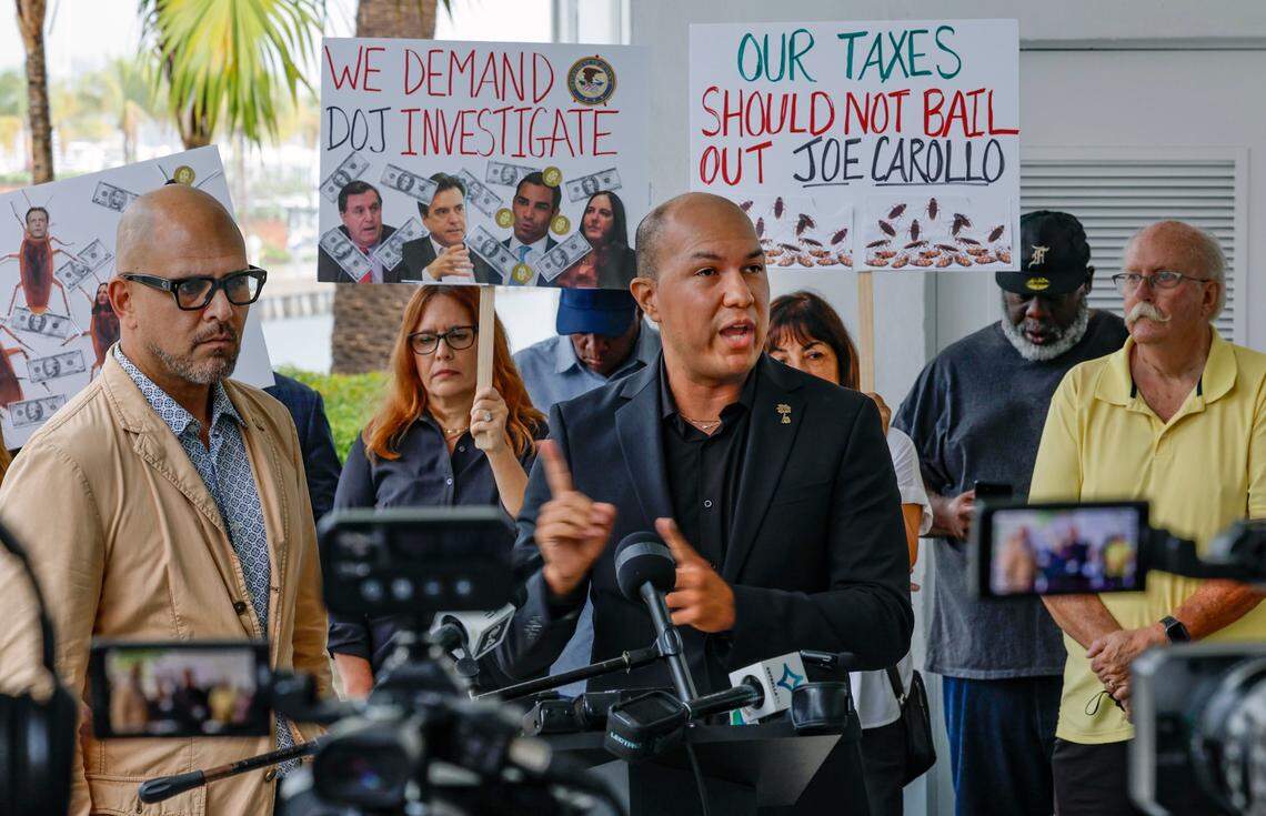 Marvin Tapia speaks to the media during a protest rally asking for a DOJ investigation and the ouster of Commissioner Joe Carollo at Miami City Hall in Miami on Tuesday, June 6, 2023.