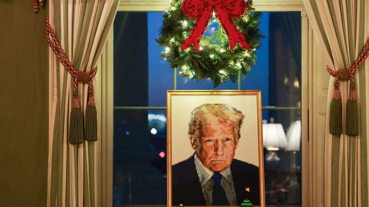 WASHINGTON, DC - DECEMBER 01: A lego portrait of U.S. President Donald Trump is seen in the Green Room during an advance tour of the 2025 White House Christmas decorations on December 01, 2025 in Washington, DC. The theme for this year's White House Christmas decorations is "Home Is Where The Heart Is." (Photo by Anna Moneymaker/Getty Images)