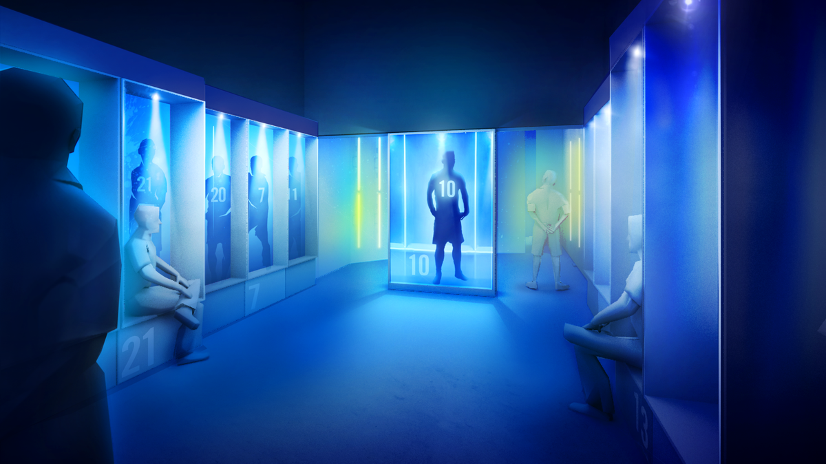 In one of the rooms of The Messi Experience exhibit, visitors get a virtual locker room speech from the Argentine soccer star.