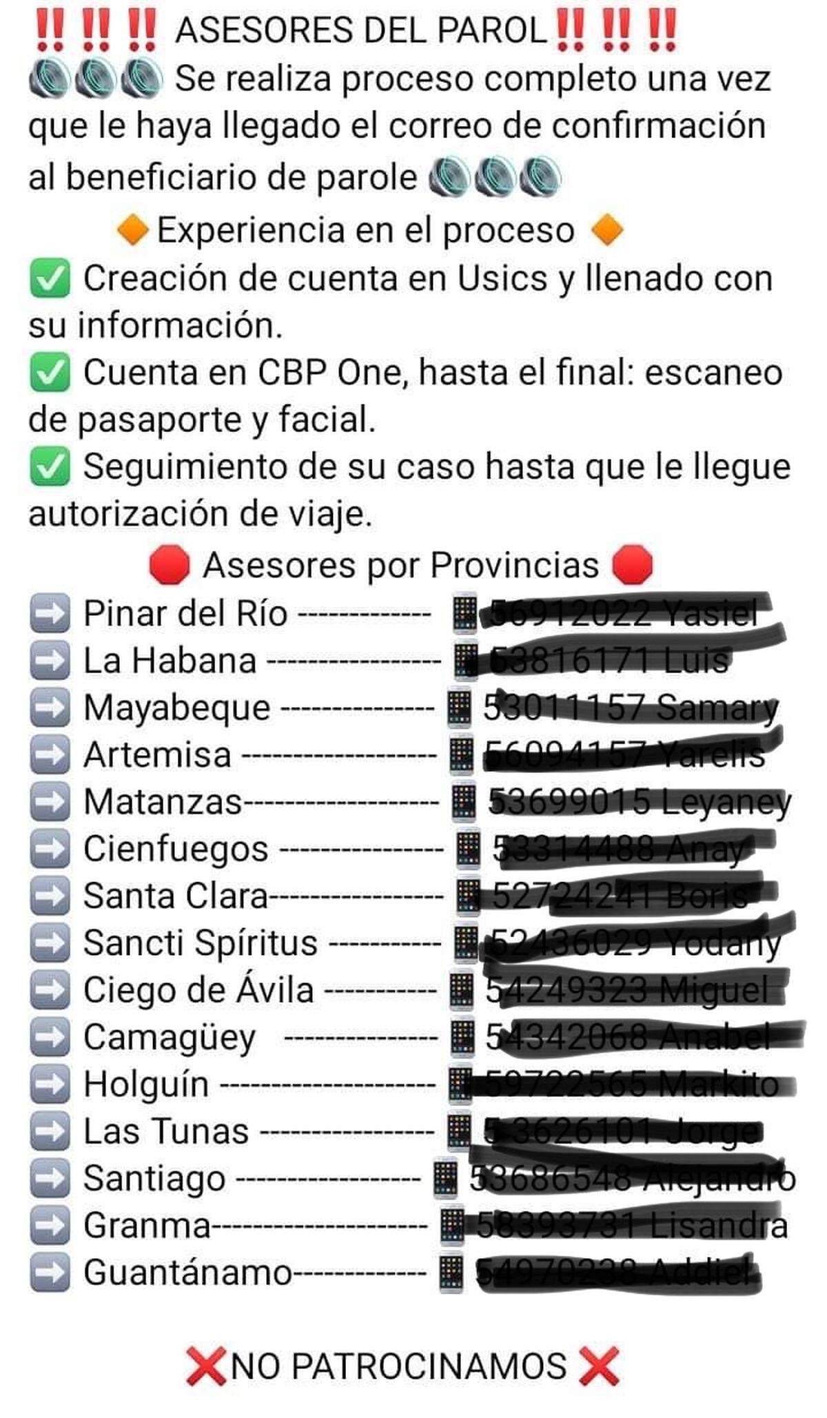 Listado de promoción de asesores en redes sociales. Las identidades han sido tachadas para su protección