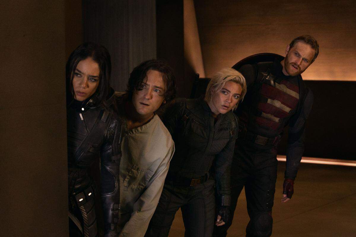 (L-R) Ghost (Hannah John-Kamen), Bob (Lewis Pullman), Yelena Belova (Florence Pugh) and John Walker (Wyatt Russell)  in Marvel Studios’ THUNDERBOLTS*. Photo by Chuck Zlotnick. © 2025 MARVEL. All Rights Reserved.