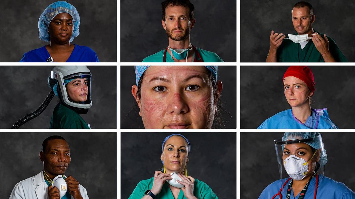 Retratos de los valientes trabajadores de la salud del hospital Jackson Memorial de Miami.