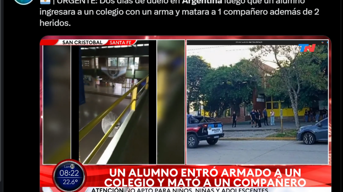 Imagen tomada del portal noticioso Alerta News 24 que muestra parte de un video de un tiroteo ocurrido en una escuela en San Cristóbal, provincia de Santa Fe, Argentina, el lunes 30 de marzo de 2026.