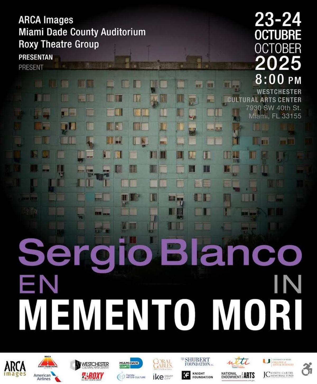 &nbsp;El 23 y el 24 de octubre, en Westchester Cultural Arts Center, Arca Images y Miami Dade County Auditorium presentarán el estreno en Estados Unidos de “Memento Mori”, un monólogo/conferencia interpretado por el dramaturgo Sergio Blanco. 