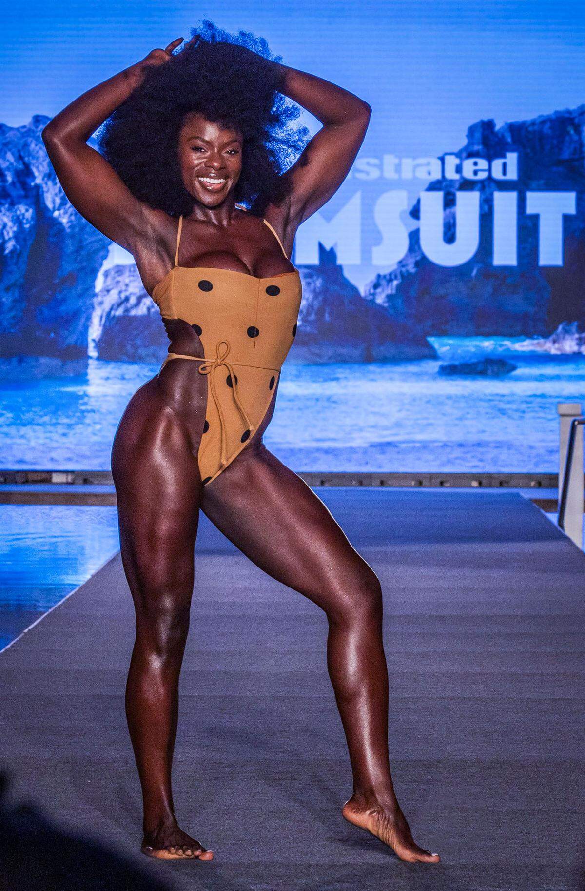 Makeup artist and Peloton cycling instructor Tunde Oyeneyin walks the Sports Illustrated Swimsuit Runway 2025 Show at the W South Beach, in Miami Beach, on Saturday May 31, 2025.