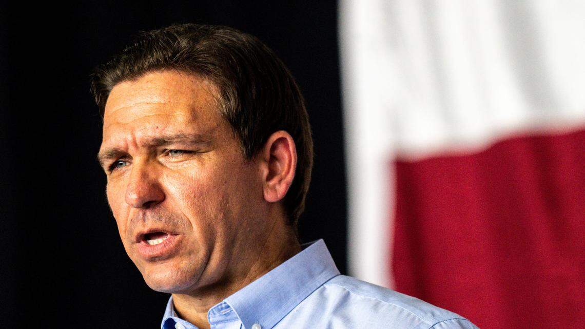 Florida Gov. Ron DeSantis speaks during Operation Top Nunn: Salute to the Troops at Ankeny Regional Airport on Saturday, July 15, 2023 in Ankeny.