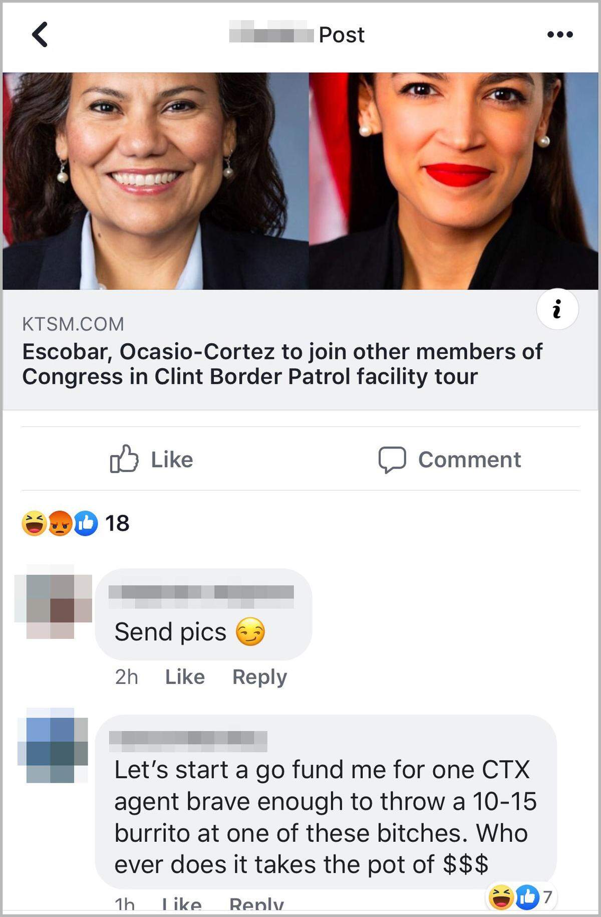 Captura de pantalla de una de las publicaciones en el grupo de Facebook: Escobar, Ocasio-Cortéz acompañarán otros miembros del Congreso en gira a las instalaciones de la Patrulla Fronteriza en Clint. -Manden fotos - Empecemos una recaudación en go fund me para el agente de CTX valiente que le aviente un burrito de 10-15 a una de estas perras. El que lo haga se gana el $ de la recaudación.