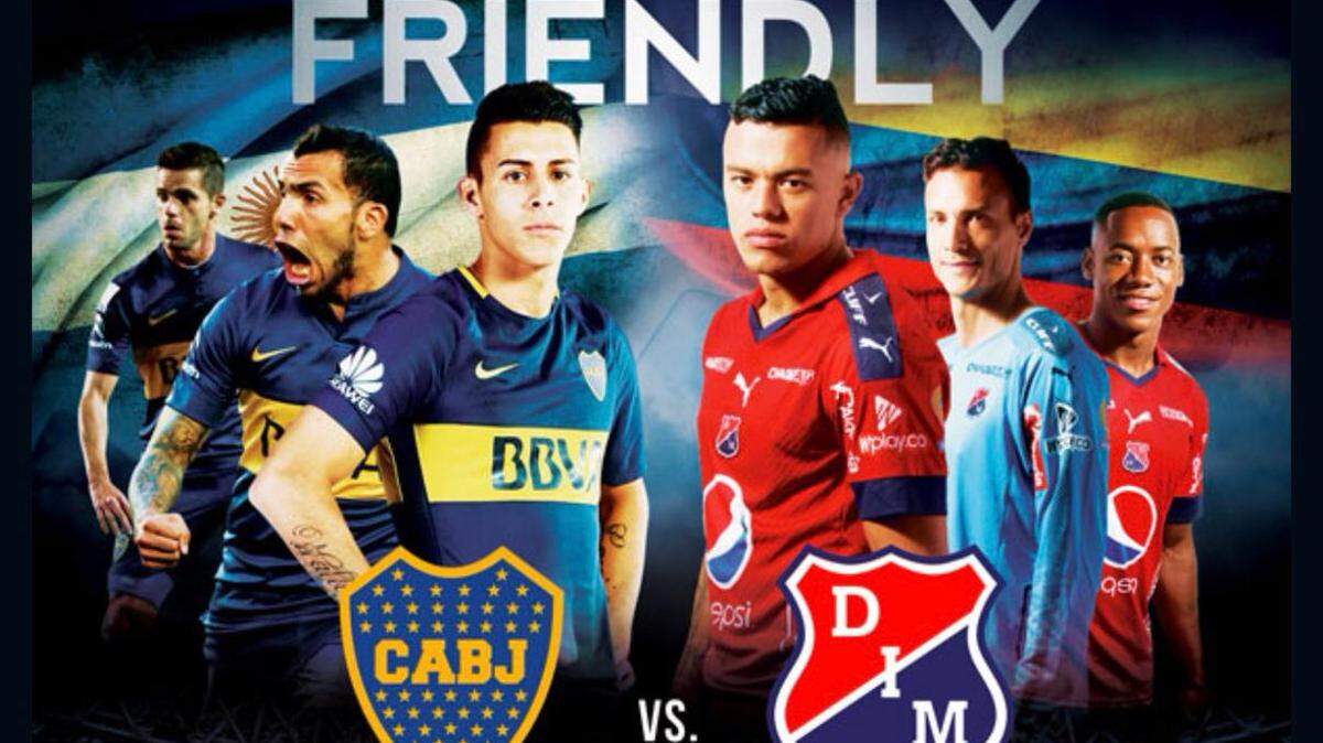 Cartel promocional del partido amistoso internacional entre Boca Junior y el Independiente de Medellín, este 21 de julio en FAU, Florida.