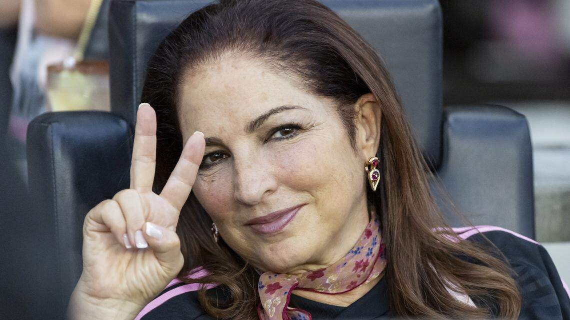 Cuban-American singer Gloria Estefan waving during an Inter Miami game at DRV PNK Stadium in Fort Lauderdale, Florida, August 30, 2023.