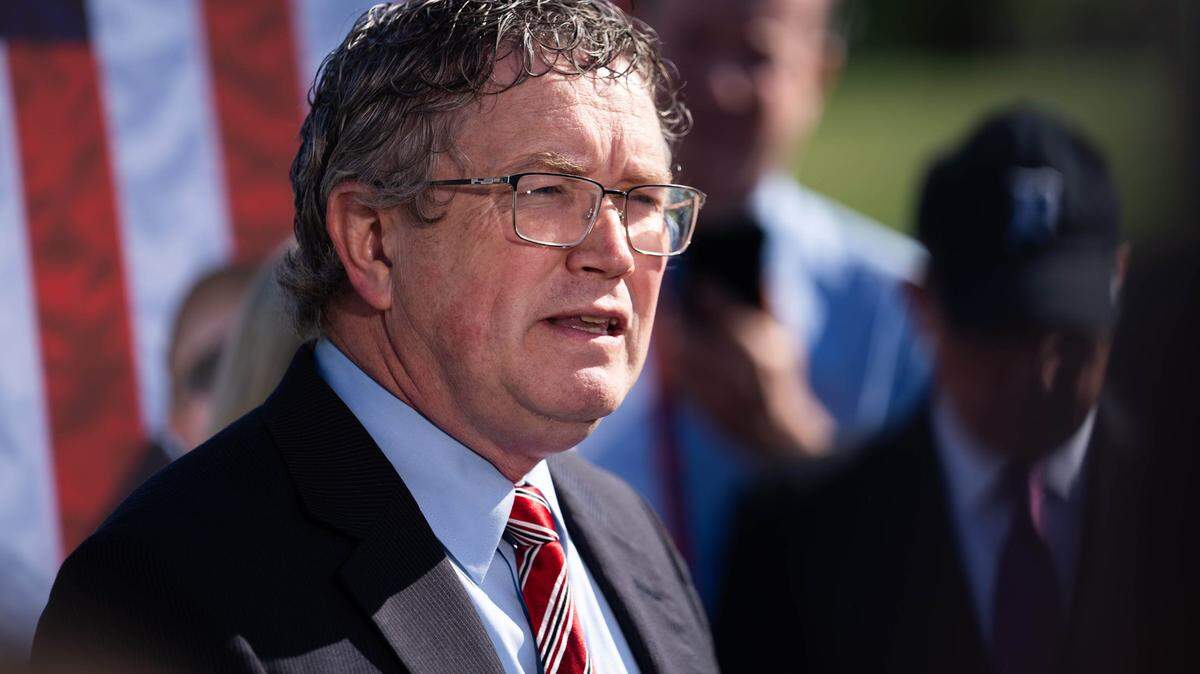 Thomas Massie (R-Ky.) speaks during a press conference outside the US Capitol.