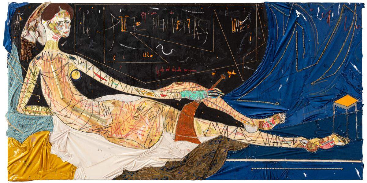 ‘Honi soit qui mal y pense’ (Shame be (to him) who thinks evil of it), 2022, medio mixto sobre madera, 60 x 120 x 1 pulgadas.