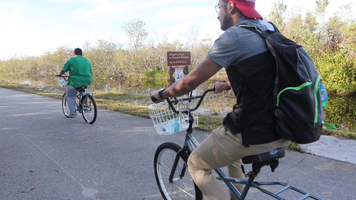 Dos turistas montan bicicleta por el parque Shark Valley.